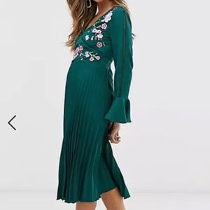 ASOS DESIGN embroidered pleated midi dress with lace inserts